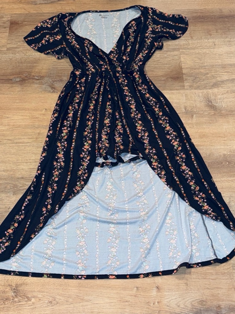 No Boundaries Navy Floral High-Low Wrap Dress with Pink Accents